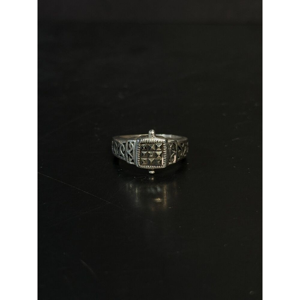 Vintage Art Deco Marcasite Filigree Sterling Silver Ring Size 6.25